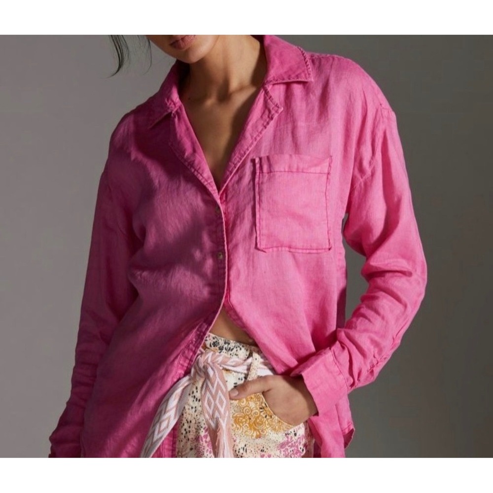 Maeve anthropologie Bright Pink 100% Linen Ruched Sleeve Button Up Shirt M